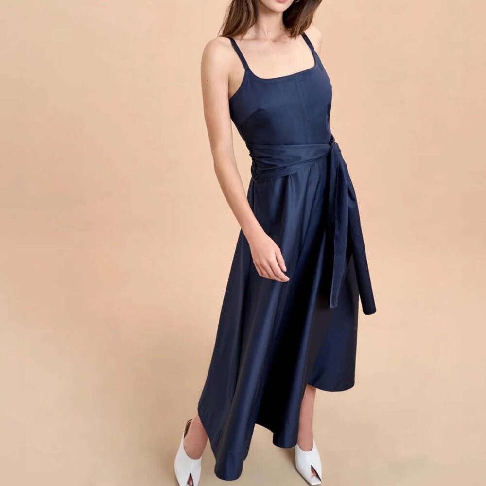 La Ligne Navy Midi Dress with Waist Tie and Square Neck